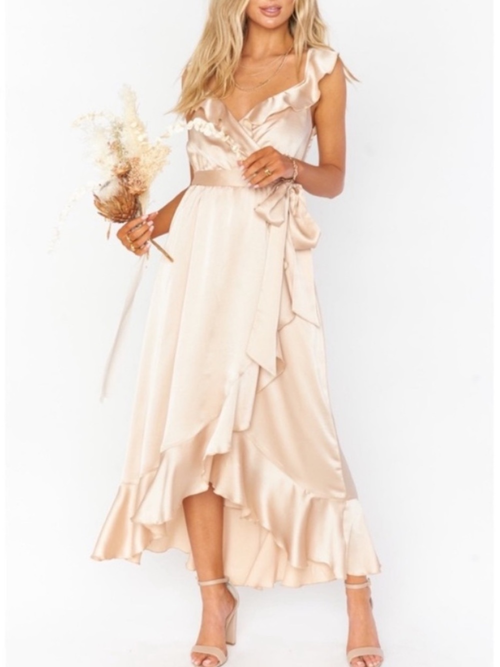 Show Me Your Mumu Samantha Ruffle Wrap Dress in Champagne Luxe Satin, Sz XL